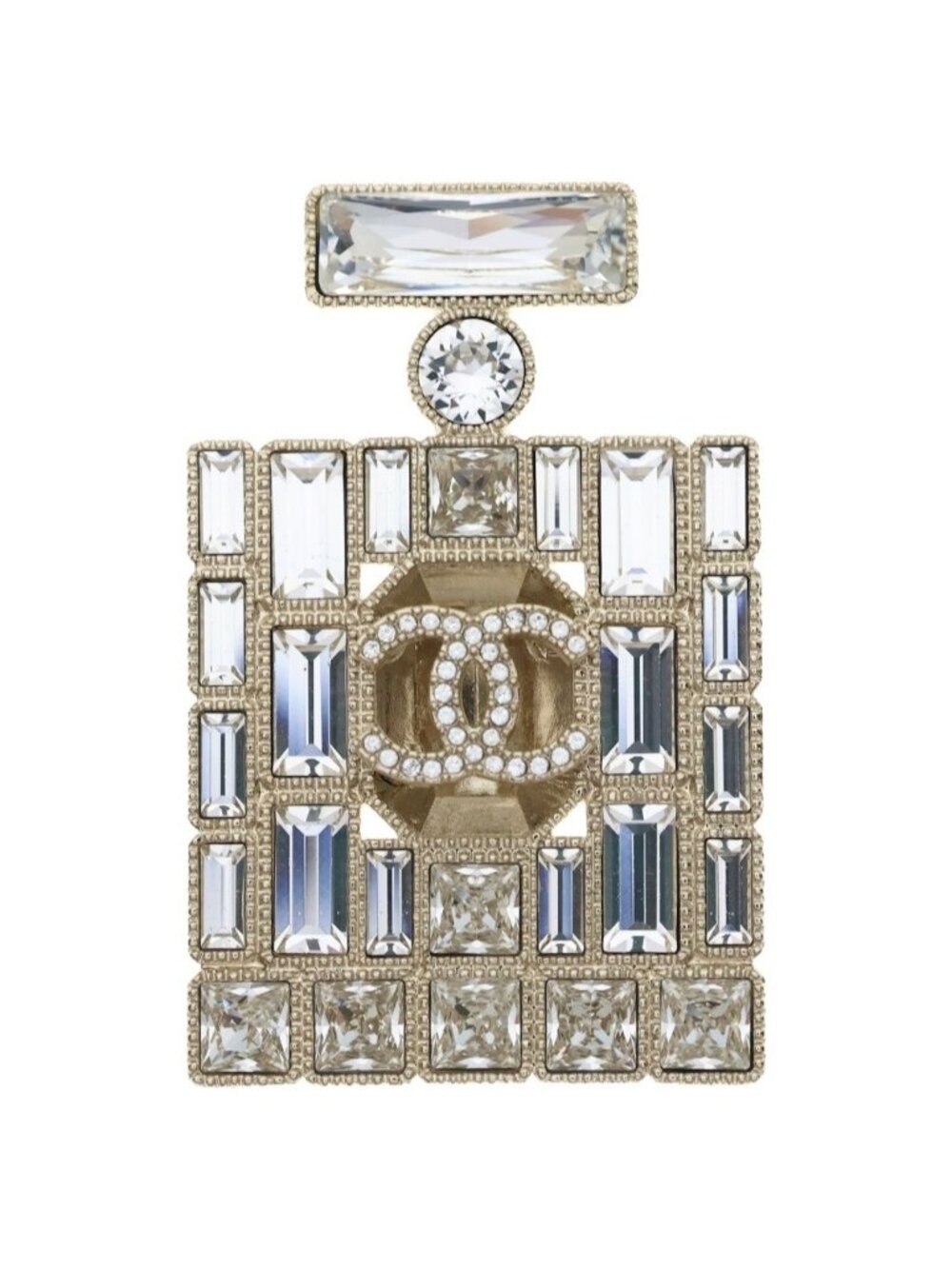 Chanel CC Logo Perfume Bottle Rhinestone Brooch Gold